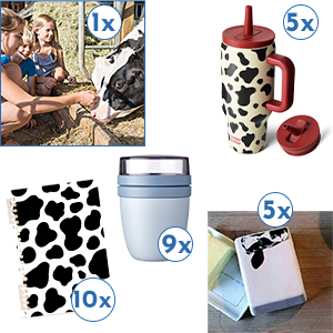 Gewinnspiel mit Kaffeebecher, Notizblock, Butterdose, Müslibehälter mit Kuhmotiven oder Kuhflecken